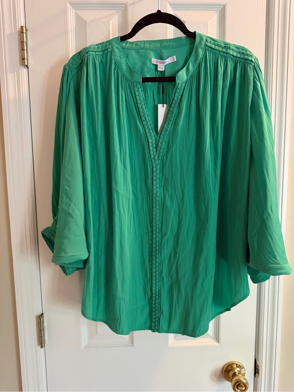 Chico's Bright Green Braided V-Neck Blouse